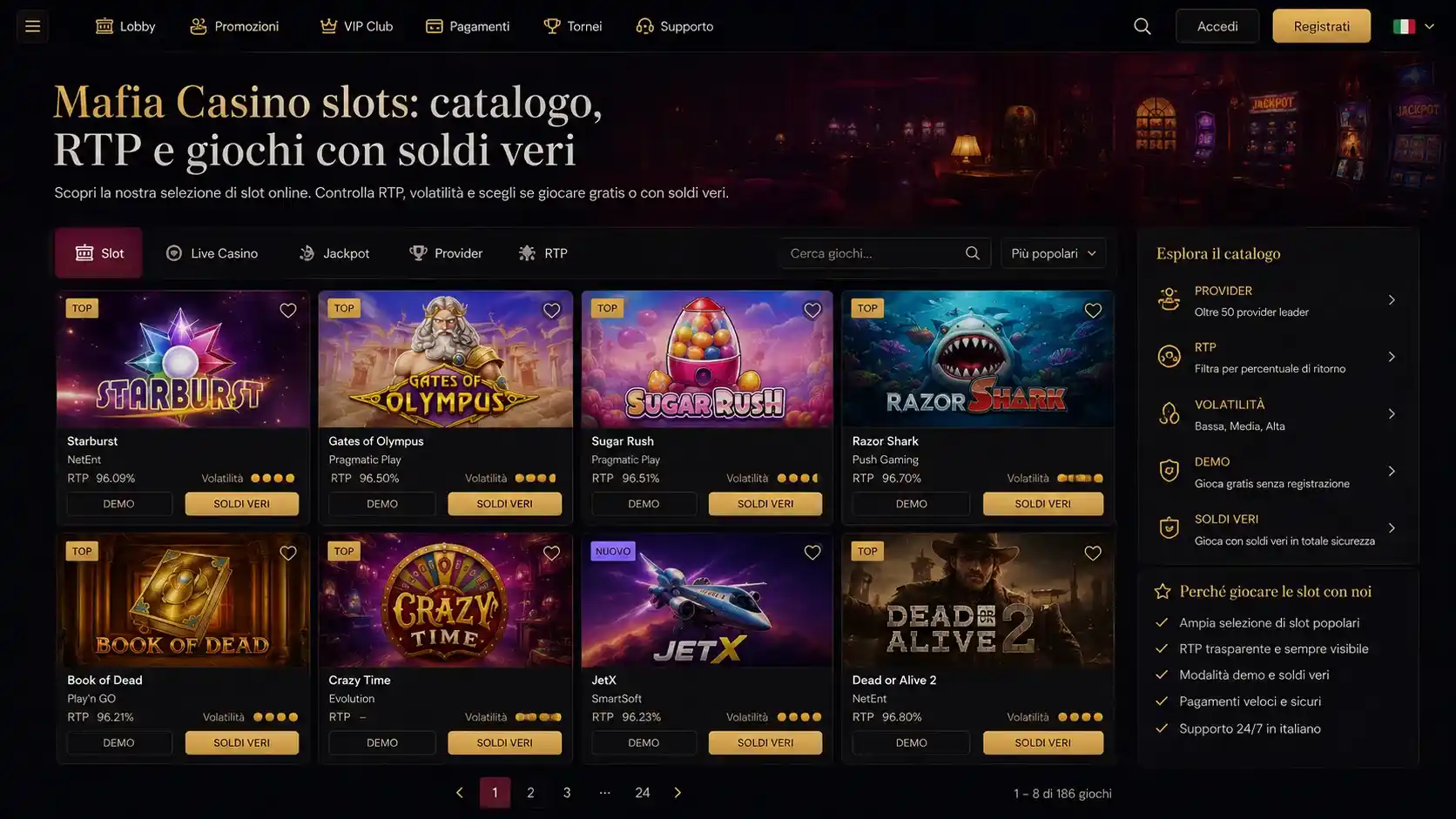 Mafia Casino slots: catalogo, RTP e giochi con soldi veri